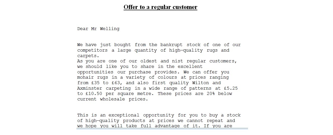 example business letter Offer Letter to a regular customer