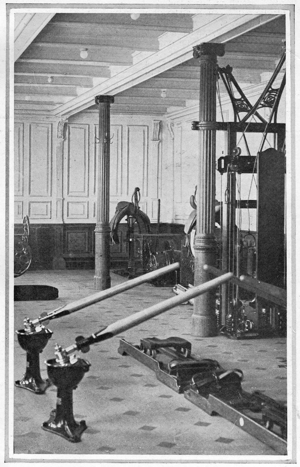 The gymnasium on the Titanic. Passengers could ride on a mechanical saddle or exercise 
