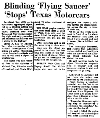 Blinding 'Flying Saucer' Stops Texas Motorcars - Indianapolis Star, The 11-4-1957