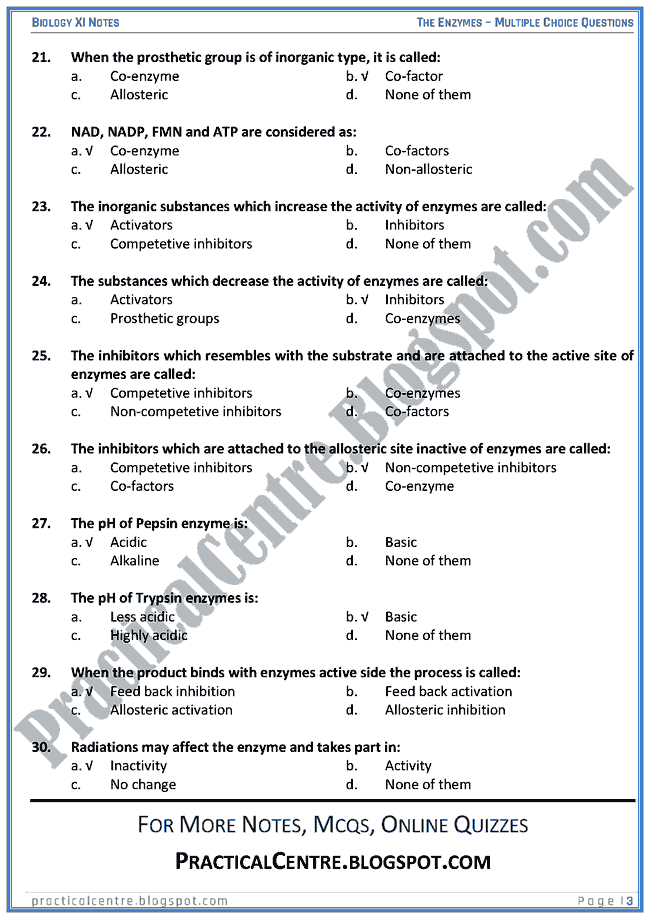 The Enzymes - Multiple Choice Questions (MCQs) - Biology XI