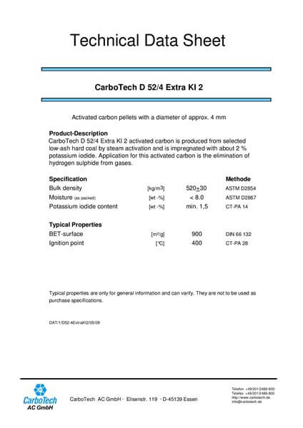 Technical Data Sheet (TDS) Karbon Aktif CarboTech D 52/4 Extra KL 2