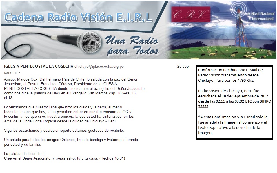 Rincon de la Onda Corta Radio Vision (Via Chiclayo, Peru) ConfirmacionQSL