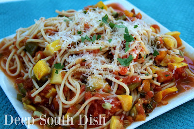 A fresh tomato pasta sauce, made with garden vegetables - peppers, squash, zucchini, corn, eggplant, okra, beans - whatever you have! For a protein boost, add leftover roasted chicken, seasoned and sauteed shrimp, cooked ground beef, sausage, or other meats.