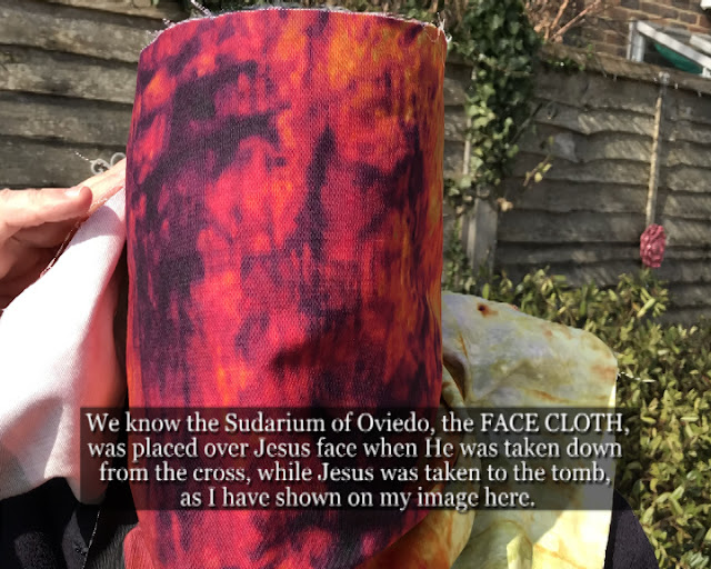 we know the Sudarium of Oviedo, the FACE CLOTH, was placed over Jesus face when He was taken down from the cross, while Jesus was taken to the tomb, as I have shown on my image here.