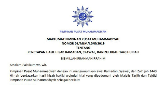 Maklumat Muhammadiyah penetapan 1 Ramadhan 2019 (1440 H) dan penetapan 1 Syawal 2019 (1440 H)