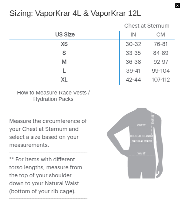 Nathan Hydration Vest Size Chart