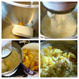 collage image showing cream cheese beaten in a mixing bowl with sour cream and roasted garlic, then cooked potatoes stirred in