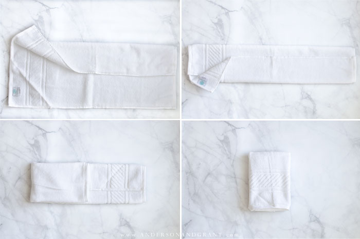 Learn the proper way to fold washcloths, hand towels, and bath towels for a neat and tidy bathroom linen closet.  |  www.andersonandgrant.com
