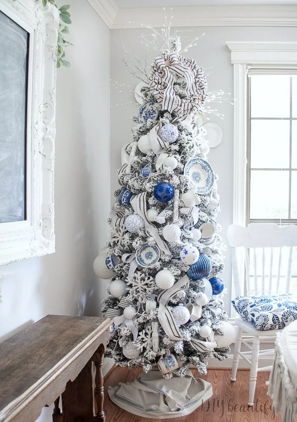 Blue and White French Farmhouse Christmas Tree - DIY Beautify