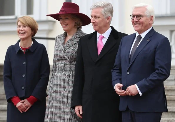 King Philippe and Queen Mathilde welcomed by German President Frank-Walter Steinmeier and his wife Elke Büdenbender. Armani dresscoat