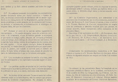 Páginas 8 y 9 del libro del Torneo de Ajedrez para el Campeonato de Barcelona de 1913