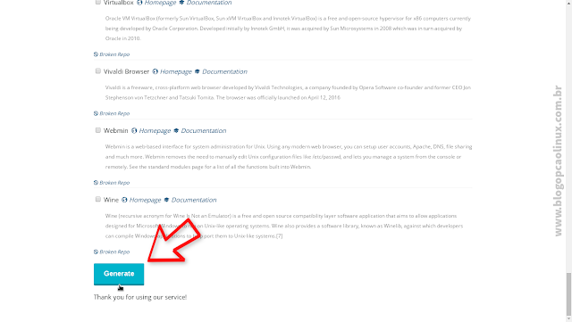 Clique no botão "Generate" para gerar a sua sources.list Clique no botão "Generate" para gerar a sua sources.list