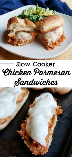 These chicken Parmesan sandwiches are a perfect busy night dinner. The chicken cooks in the slow cooker all day so all you have to do is shred and assemble when you get home! These chicken Parmesan sandwiches are a perfect busy night dinner. The chicken cooks in the slow cooker all day so all you have to do is shred and assemble when you get home