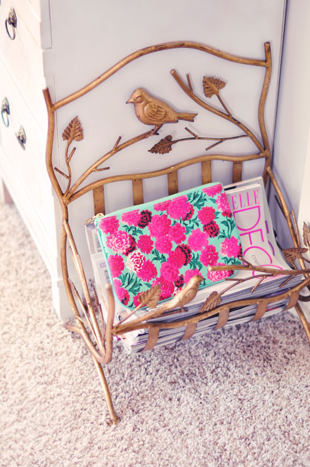 floral pouch, vintage gold with birds magazine rack