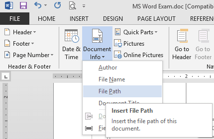 Insert File Path in Word 2013