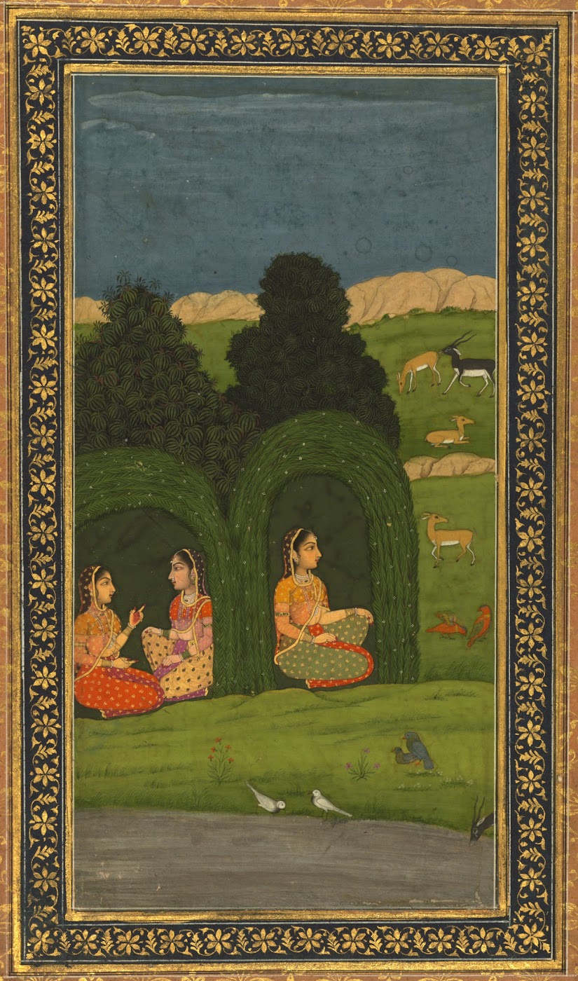 Three women Seated within Two Leafy Bowers and Awaiting for their Lovers - Miniature Painting, Circa 18th Century