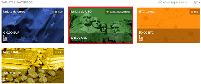 Tarjetas de Uphold con diferentes tipos de monedas.