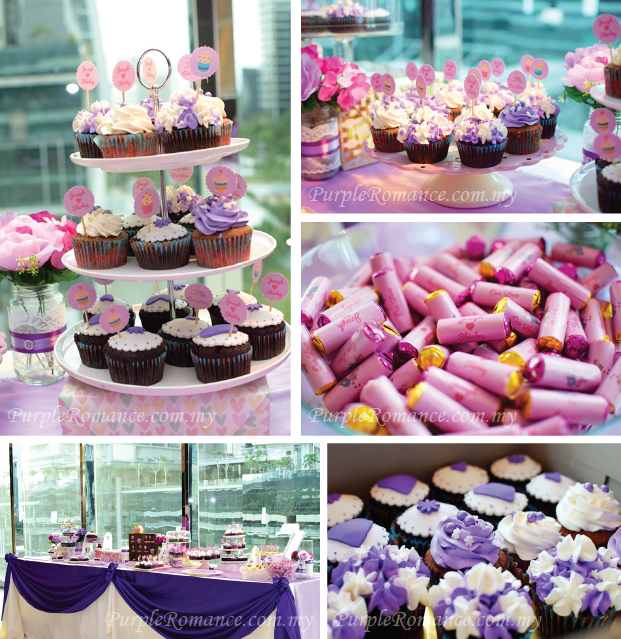 dessert bar, candy bar, decoration, kuala lumpur, purple wedding, nexus connexion bangsar south, selangor, cupcake, fondant, cake pops, toppers, mentos, wrapper, scallop table cloth, purple white toppings cupcake, love theme