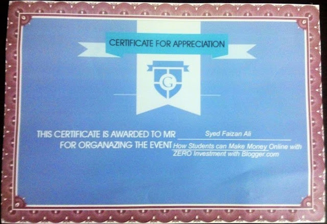 Award From Google Student Ambassador Program  for Syed Faizan Ali