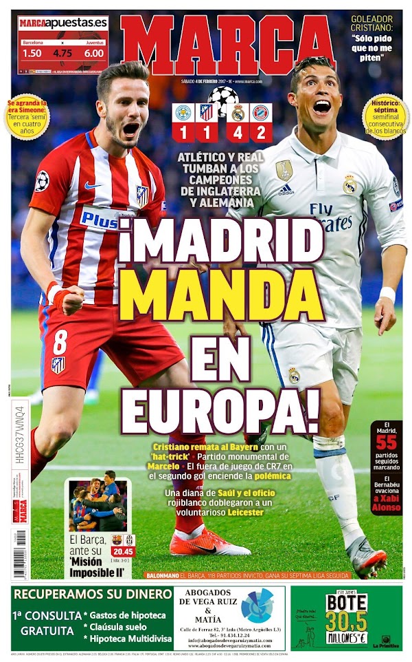 Real Madrid-Atlético, Marca: "¡Madrid manda en Europa!"