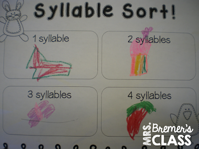 Easter themed syllable sorting literacy center activity to promote phonemic awareness and syllable segmentation. Fun and hands on learning for Kindergarten and First Grade. #1stgrade #kindergarten #syllables #sorting #phonemicawareness