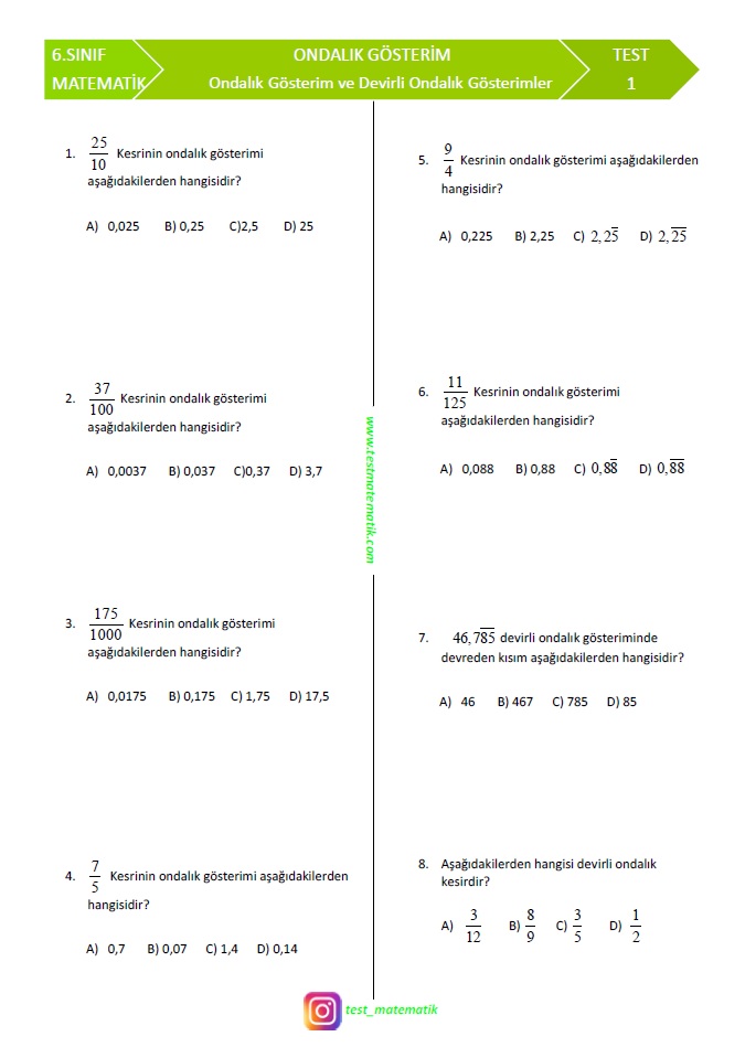 6 Sinif Ondalik Gosterim Ve Devirli Ondalik Gosterim Test Test Matematik