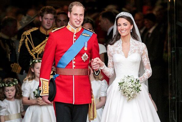 Kate Middleton and Prince William were married at Westminster Abbey. Wedding gown and diamond tiara. Meghan Markle