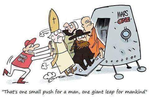 Mars One - one small push for a man - religious cartoon