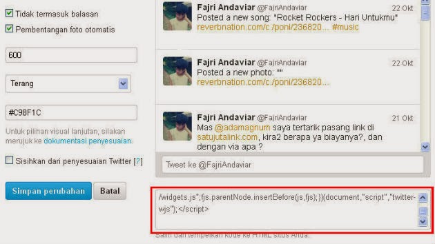 Kode script Widget Twitter