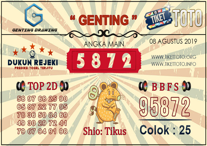Prediksi Togel GENTING DRAWING TIKETTOTO 08 AGUSTUS 2019