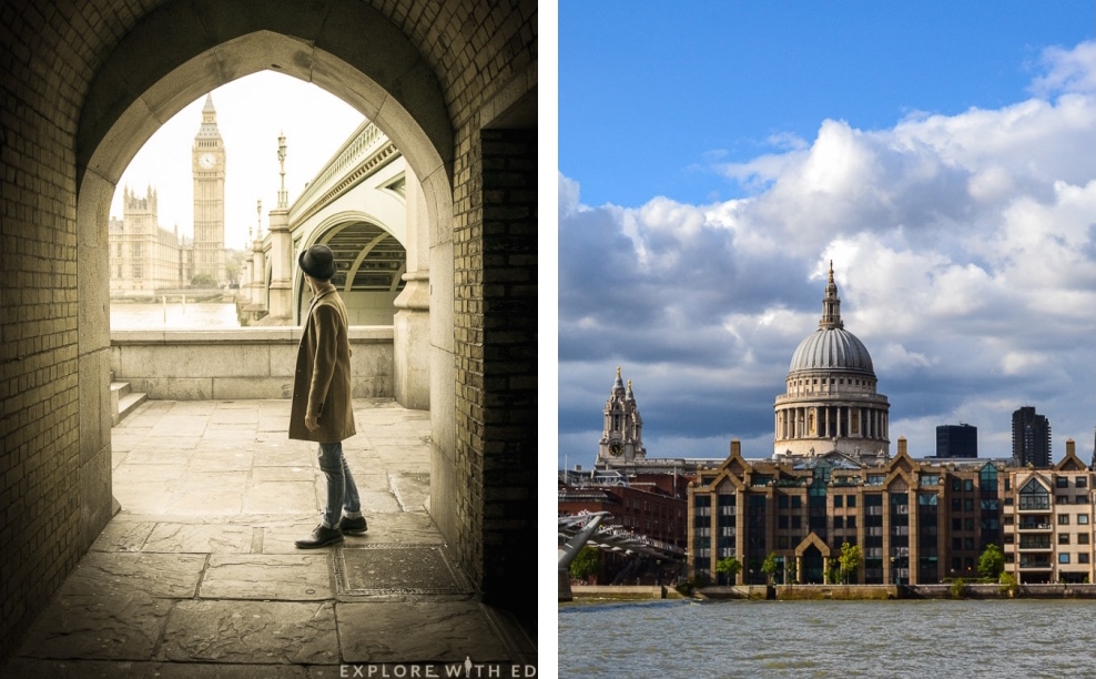 Arched view of Big Ben and St Paul's Cathedral
