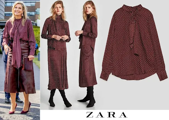 Queen Maxima wore Zara Polka dot blouse with bow detail