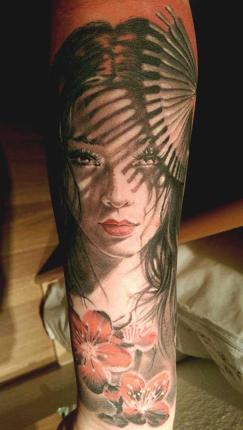 Realistic geisha face tattoo designs on full hand