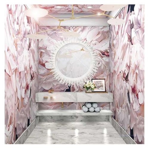 Bringing peonies home - peony wallpapered bath www.BoHoHome.com @bohosusan