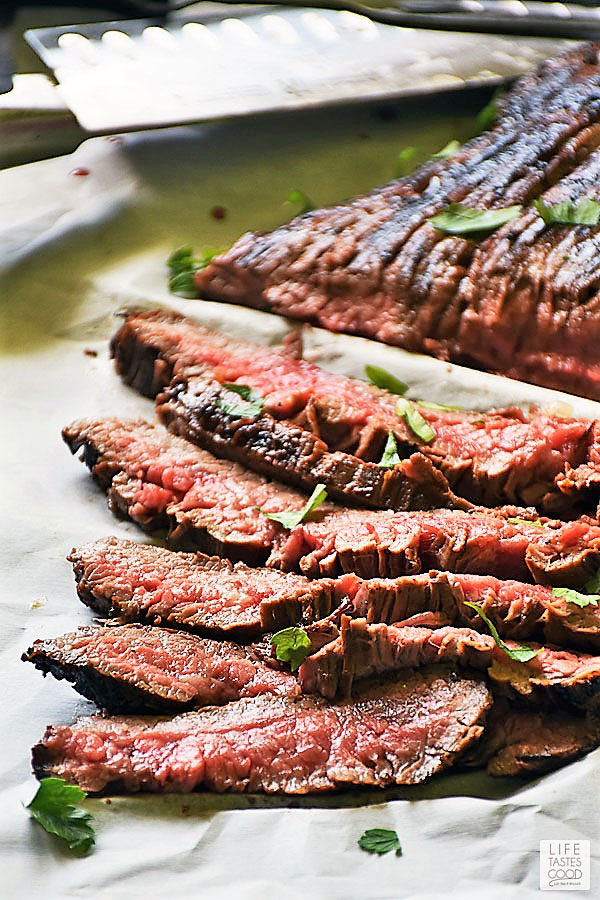 Flank steak fajitas recipe - flank steak sliced and ready to mix with veggies