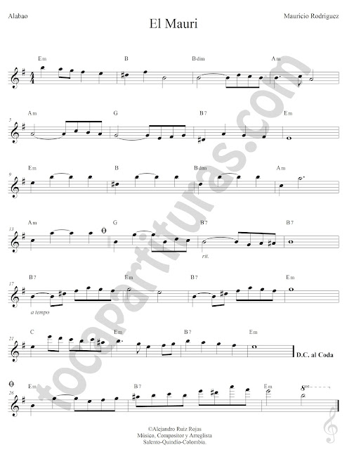 El Mauri Alabao de Mauricio Rodríguez Partitura Fácil con Acordes El Mauri Sheet Music with Chords