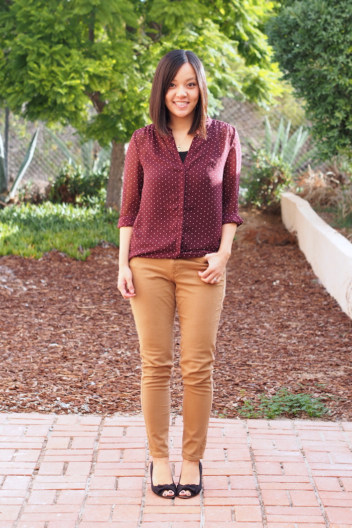 maroon and tan outfit