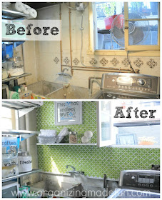 Before and after covering up basement pipes | OrganizingMadeFun.com