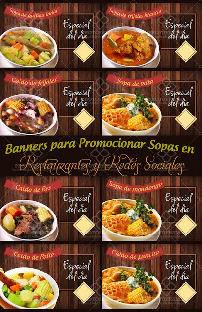 Banners para promocionar sopas y caldos listos para imprimir o compartir en redes sociales