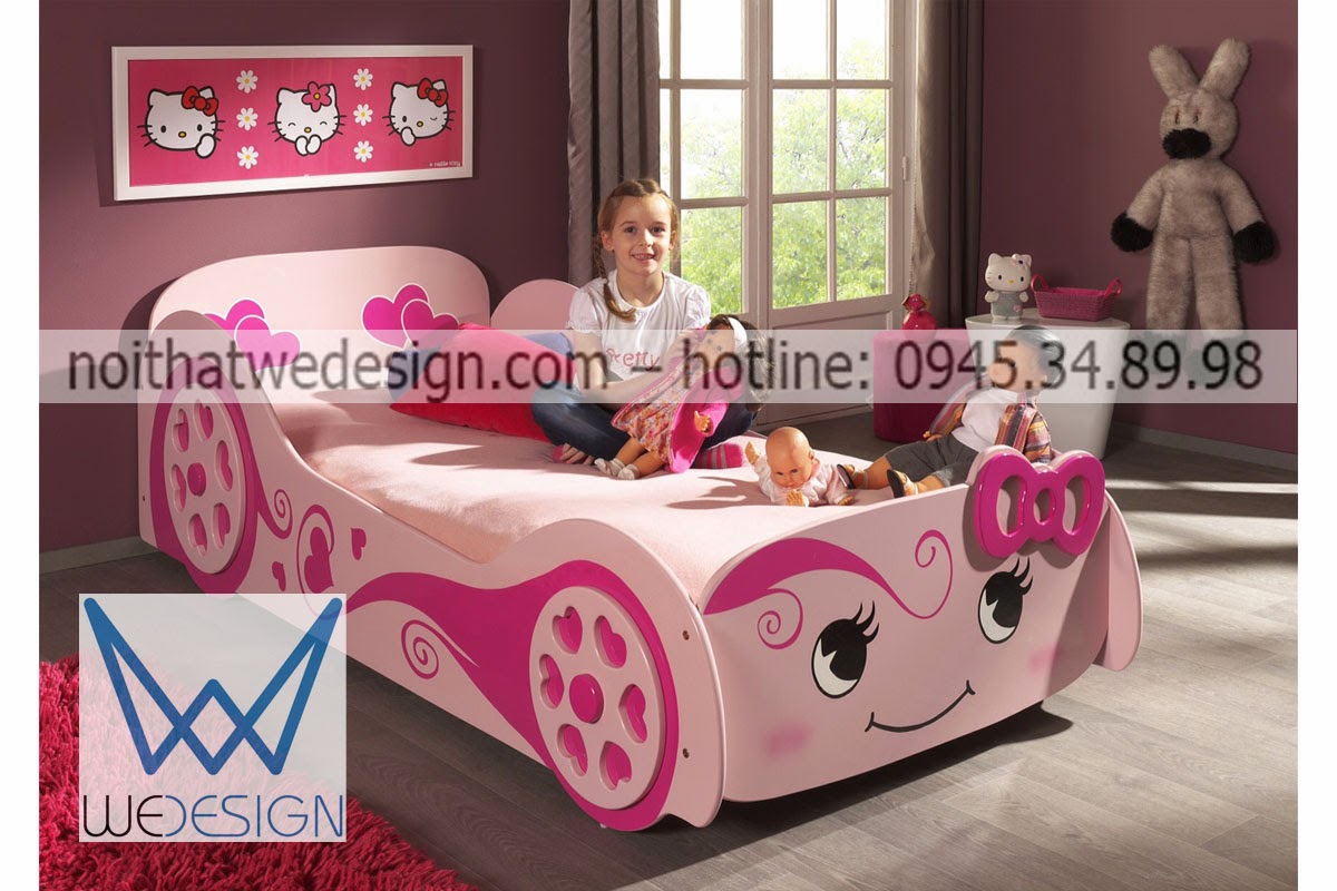 Giường ngủ ô tô cho bé gái màu hồng dễ thương