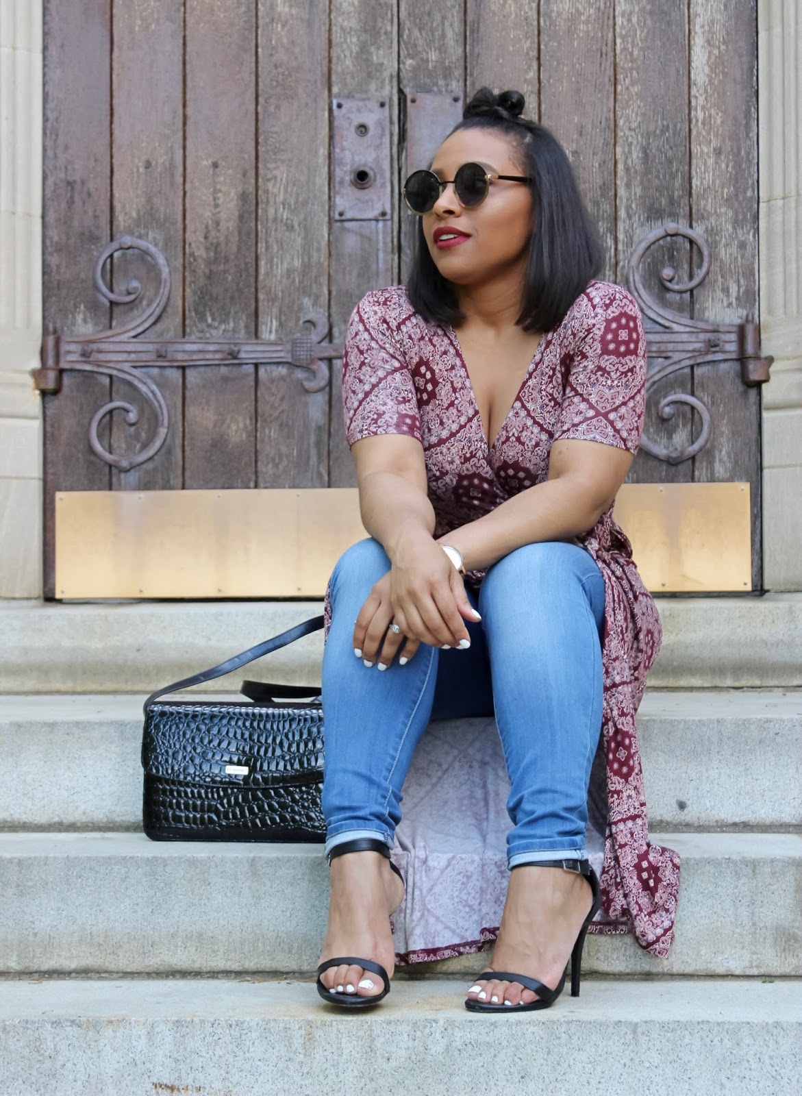 How To Find Your Personal Style On A Budget, wrap dress, forever21 wrap dress, printed wrap dress, top knot, jeans with a wrap dress, lifestyle blogger, how to shop, bargain shopper