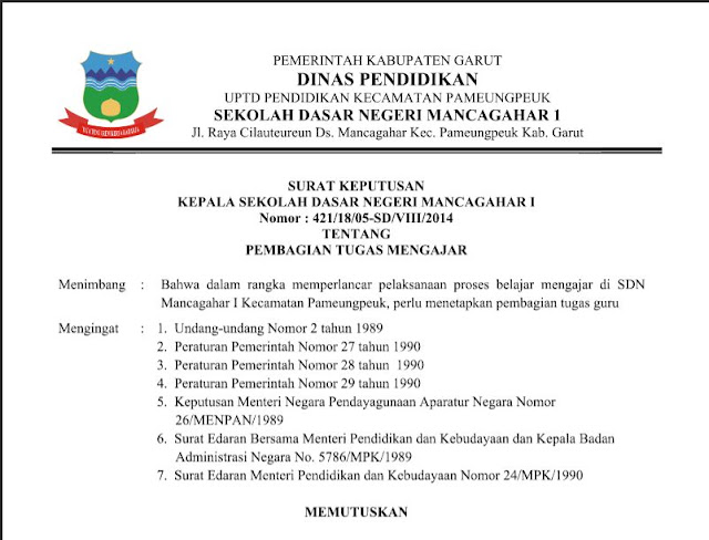 Kumpulan Contoh Surat Keputusan ( SK ) Kepala Sekolah 