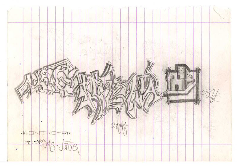 Kent Ena Long Wild Style Drawing made with pencil and Small Building at the Right. Original naive, vintage graffiti sketch on copy paper by Kostas Gogas (akney), signed as Kent from his first Folder, 2001. ENA graffiti crew.