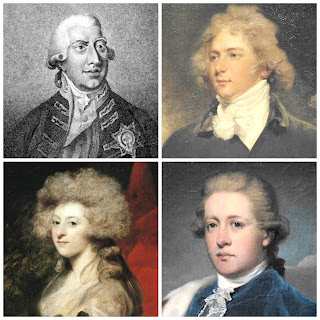 George III in a white wig; George IV, Maria Fitzherbert and William Cavendish, Duke of Devonshire, showing the effect of powder in the hair