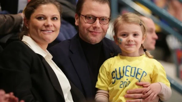 Crown Princess Victoria of Sweden, Prince Daniel and Princess Estelle of Sweden watch the Euro Hockey Tour game between Sweden and Finland at the Hovet Arena