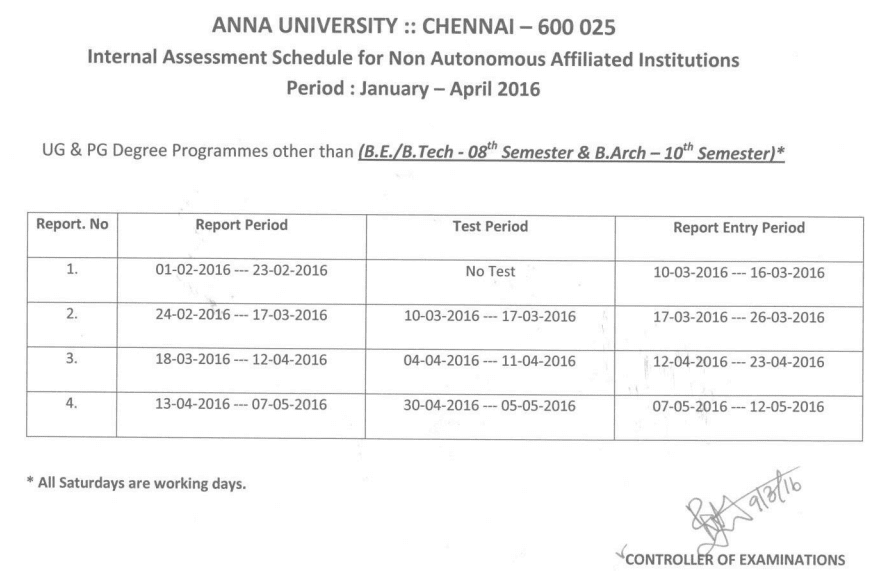 Anna University Time Table Nov Dec 2017 UG PG 1st 3rd 5th 7th Semester Exam Time Table: Anna University Internal Assessment Exam Time Table January April 2016 Exam Date Cycle Unit Test Schedule UG PG Internal Assessment Schedule 2016