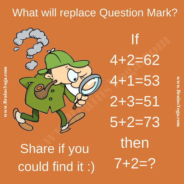 If  4+2=62, 4+1=53, 2+3=51, 5+2=73 Then 7+2=?. Can you solve this Number Game Question: Fun Logical Brain Teaser?