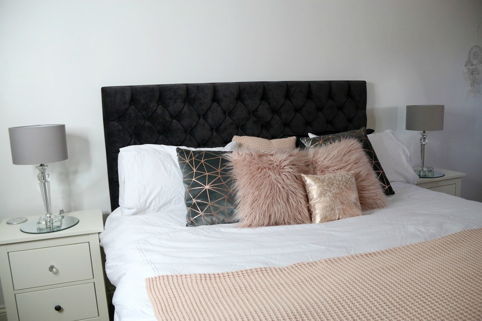 White, grey, pink and rose gold bedroom theme