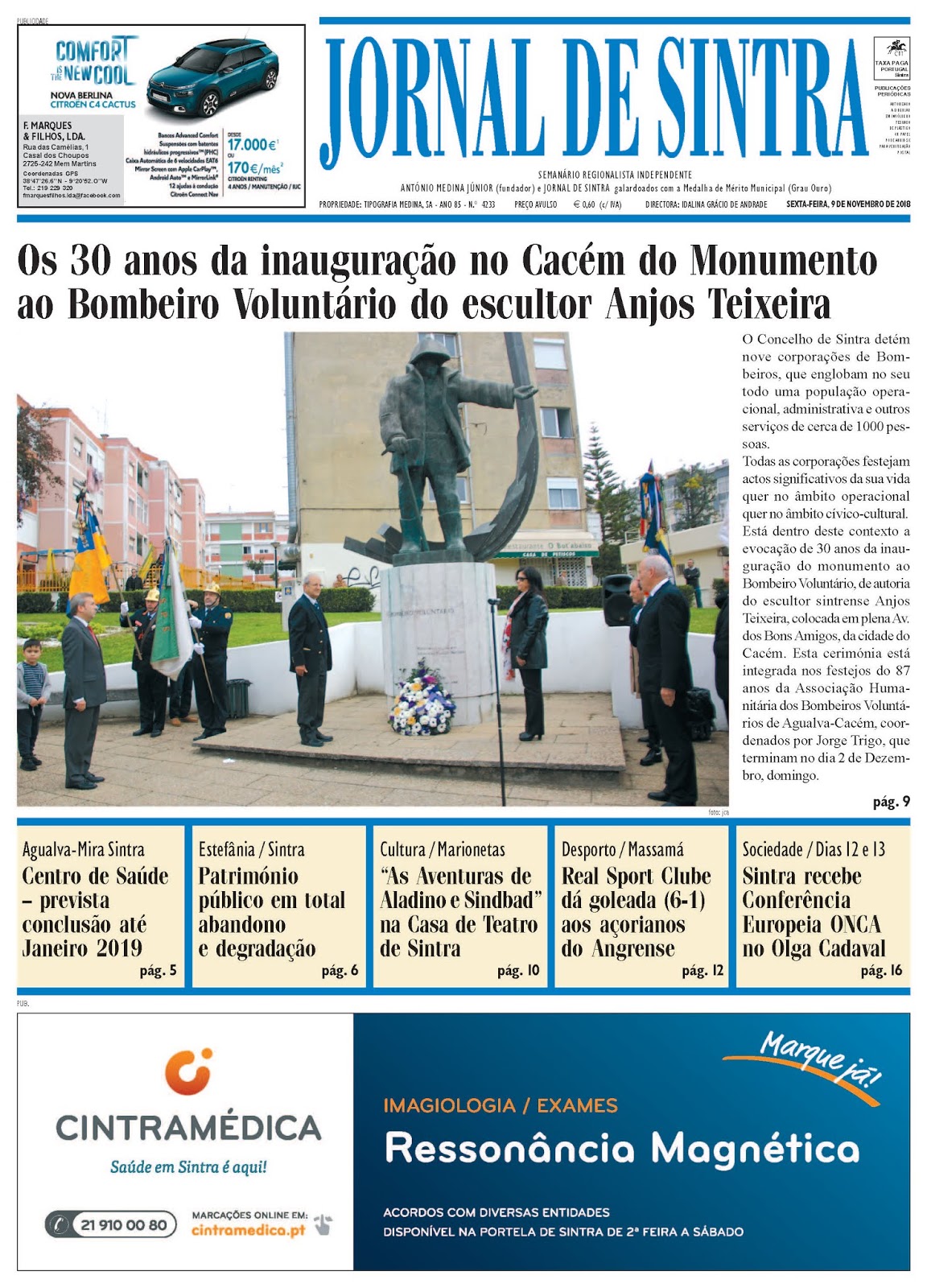 Capa da edição de 09-11-2018 Capa da edição de 09-11-2018