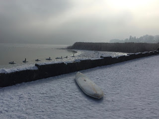 Verschneites Surfbrett am Ammersee